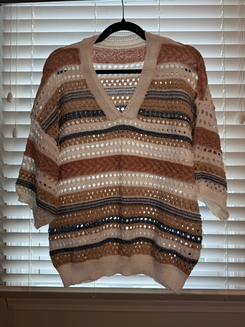 SHEIN Open-Knit V-Neck Striped Sweater in Cream, Tan & Brown